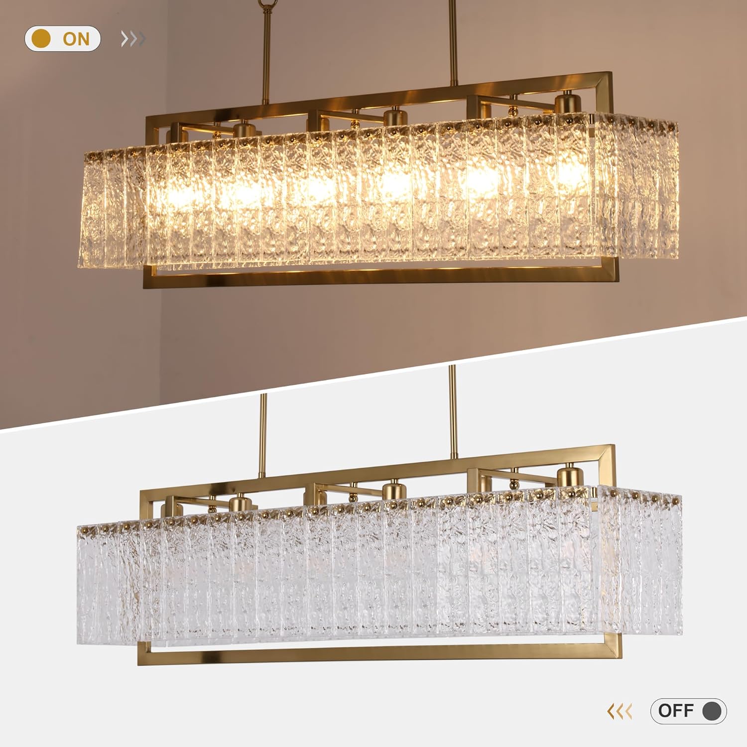 42" Gold Crystal Modern Chandelier for Dining Room, Chandeliers with Water Ripple Glass, Adjustable Chain Length,Luxury Rectangular Pendant Light Fixture for Kitchen Island Living Room