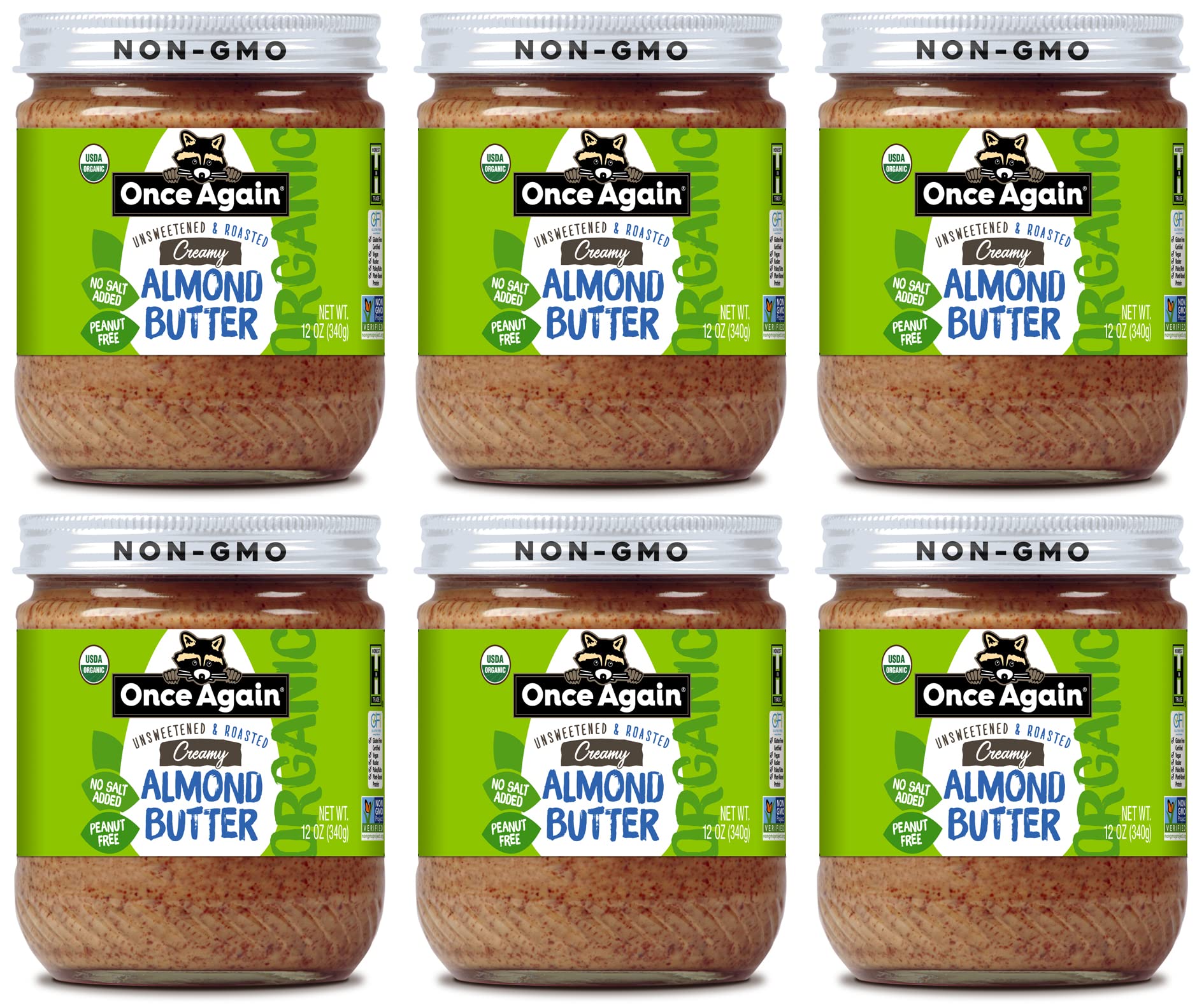 Once Again Organic Creamy Almond Butter, 12oz - Roasted - Salt Free, Unsweetened - USDA Organic, Gluten Free Certified, Peanut Free, Vegan, Kosher, Paleo - Glass Jar - 6 Pack