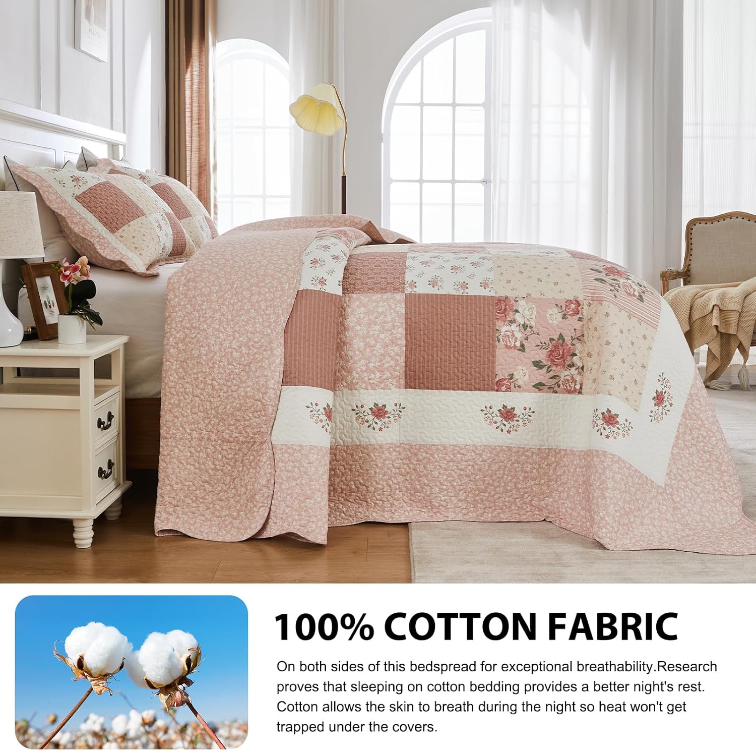 DDUOXIN Oversized King Bedspread - 128 W x120 L Extra Wide - 100% Cotton Patchwork California Quilt with 2 Pillow Shams, Farmhouse Floral Lightweight Oversize Bedspreads Coverlet, Pink-Patchwork