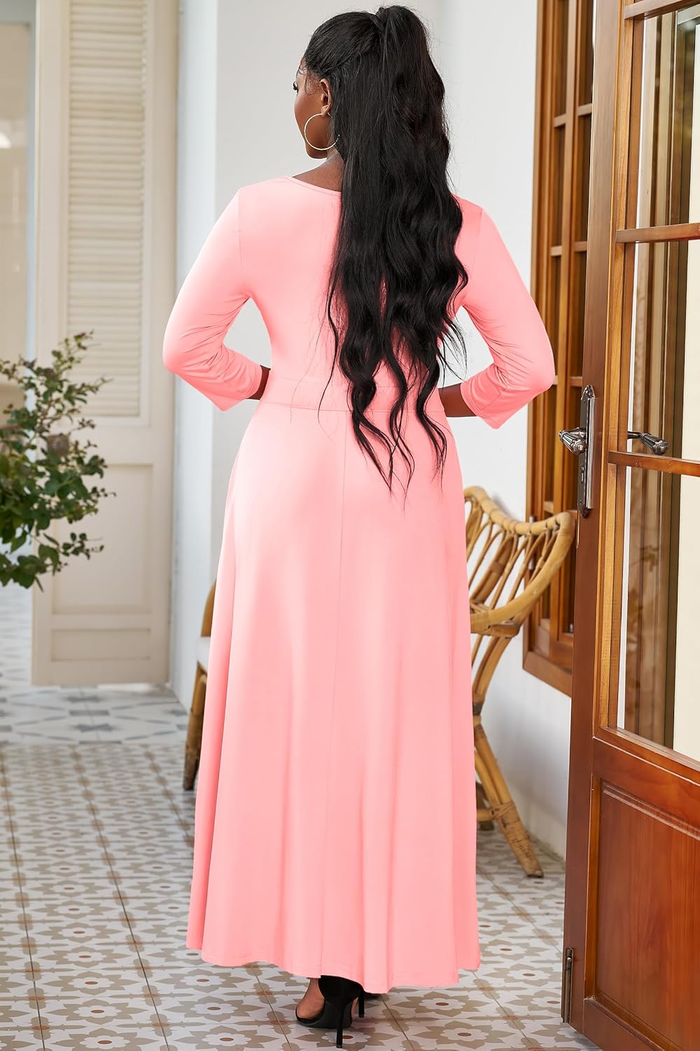 FANDEE Women's Dresses Church Loose Fit V Neck Dress with 3/4 Sleeve and Belt Design Casual Long African Attire Dress - Image 4