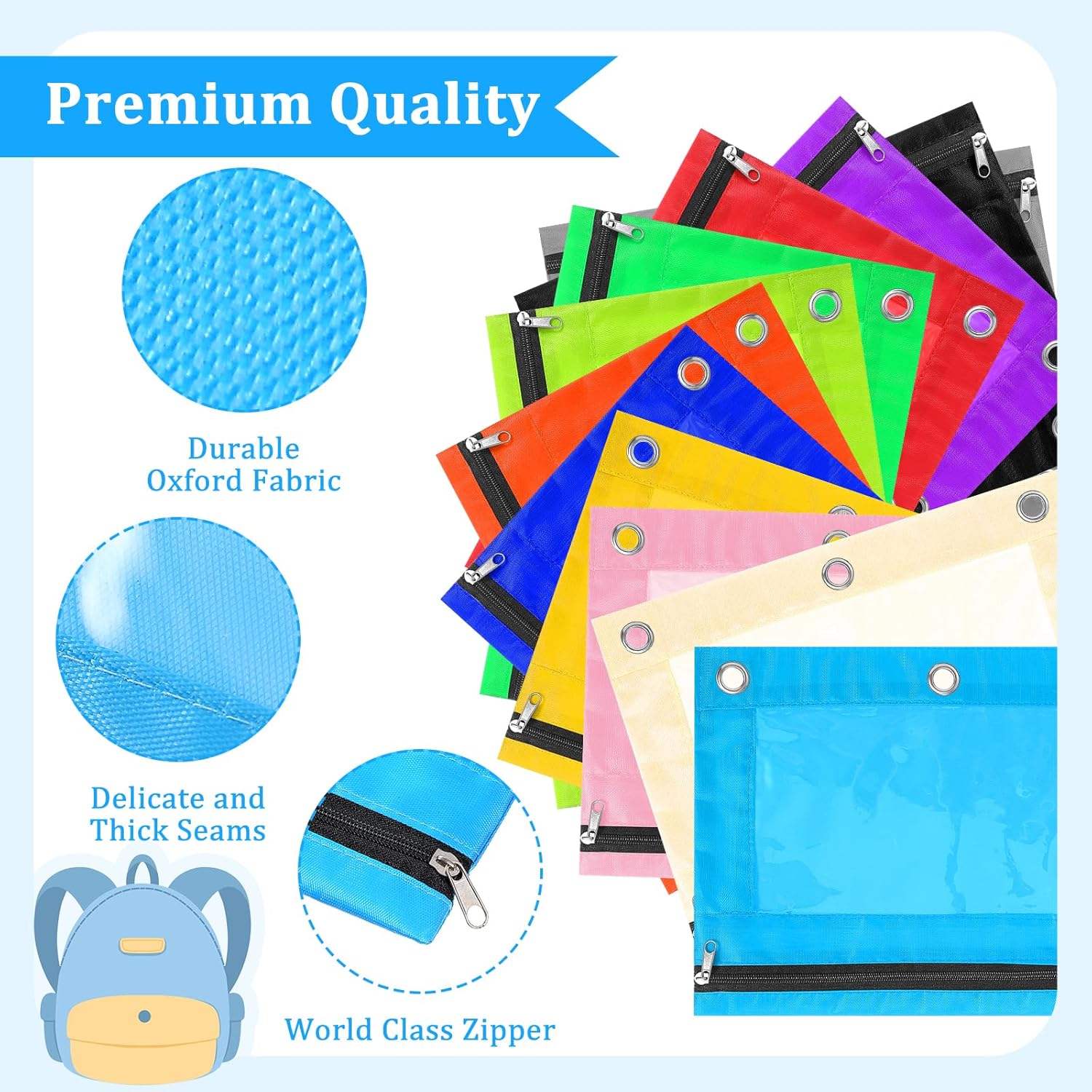 24 Pack Pencil Pouch for 3 Ring Binder, 12 Colors Zipper Pen Pouches Bags with Clear Window, 10x7.3 Inch Durable Cloth Pencil Case for Office Supplies - Image 3
