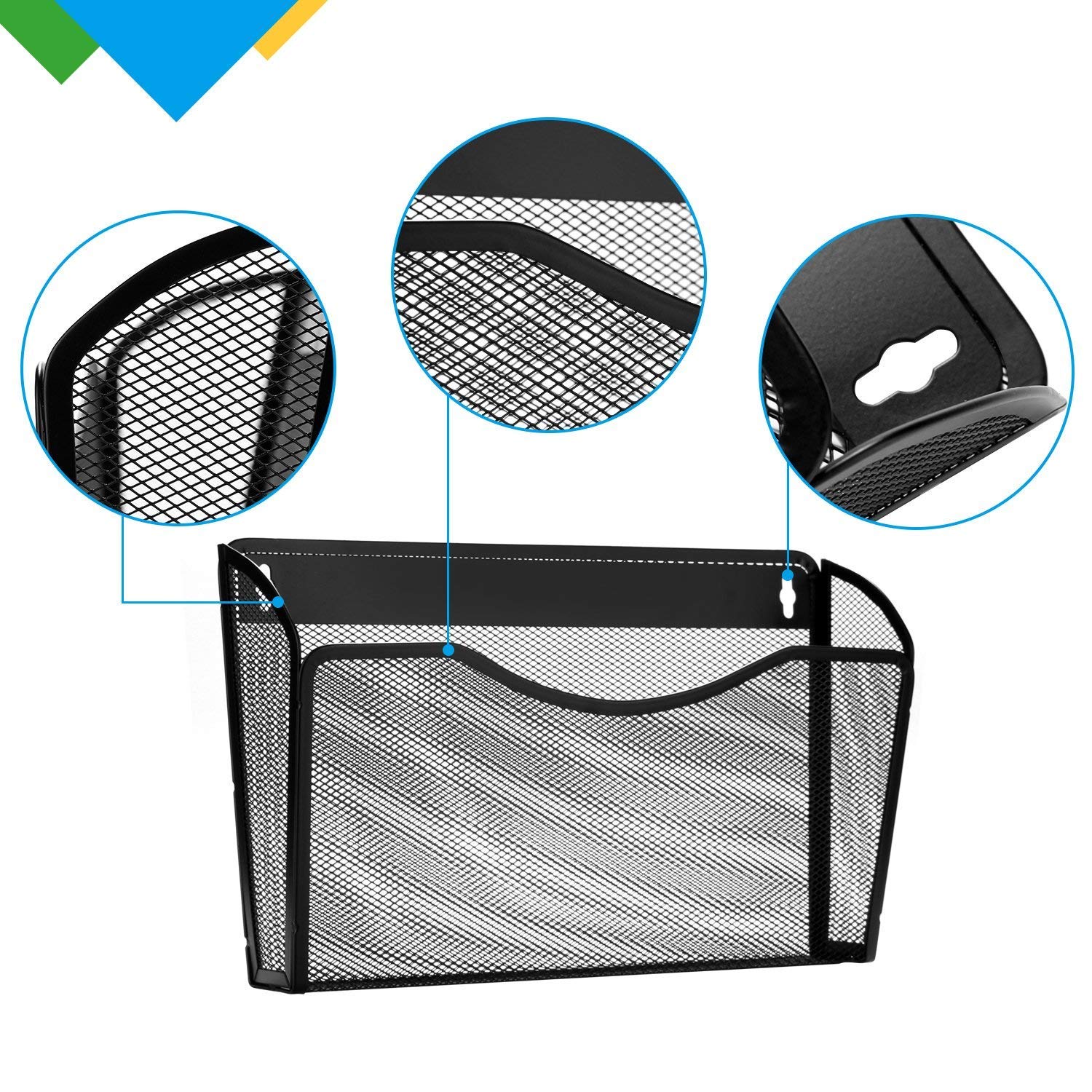 3-Tier Wall Mount File Organizer - Metal Mesh, Black, Holds Magazines & Binders