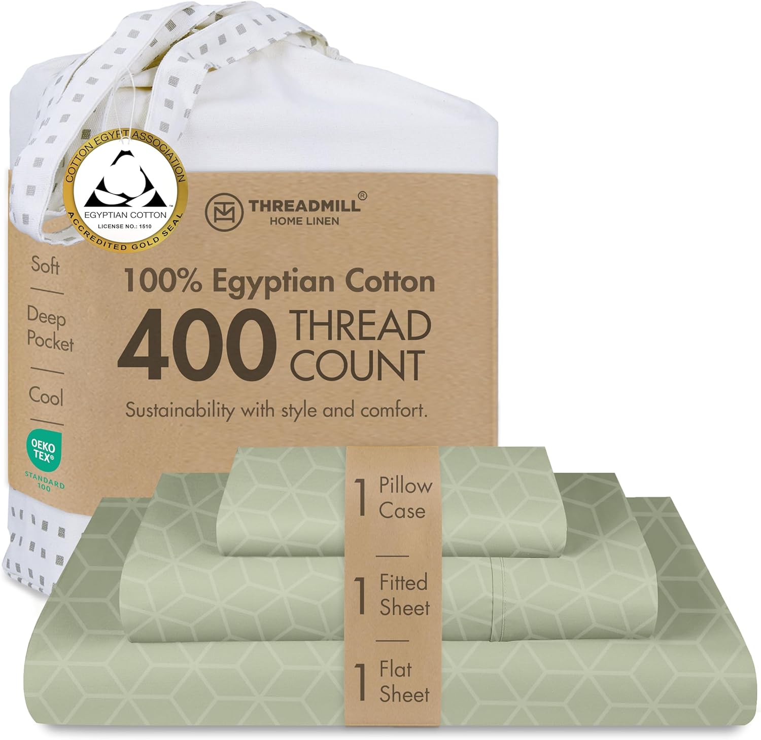 Threadmill Egyptian Cotton Twin XL Sheet Set | 100% Certified Egyptian Cotton Sheets for Twin XL Size Bed | Damask Jacquard Twin XL Bed Sheets Deep Pocket | Soft 3 Pc Cooling Sheet Set | Sage Green