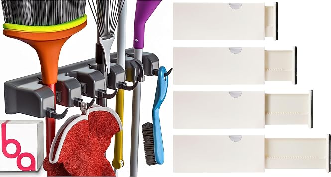 Berry Ave Broom Holder Black 1 Pack and Drawer Dividers Organizer, 4" High, Expandable from 11"-17" 4-Pack