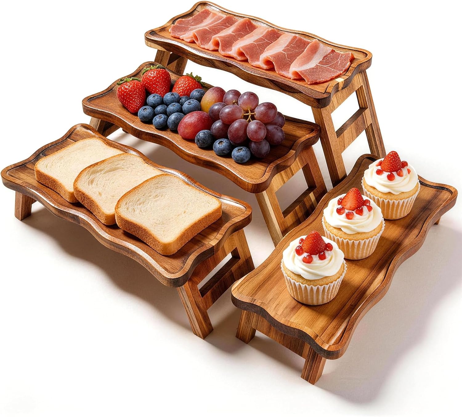 Acacia Wood 4 Tier Serving Tray for Party, 16.7" x 7.7" Tiered Cupcake Stand, Foldable Dessert Table Display Set Catering Supplies Buffet Display for Birthday Wedding Veggie Fruit