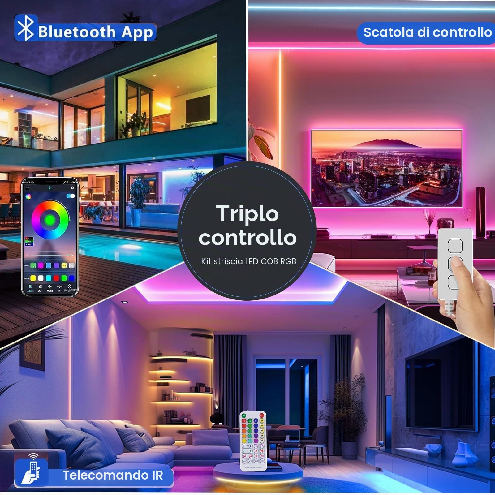 Striscia Led RGB 5 Metri COB, Fancy LED TV Retroilluminazione Intelligente App Telecomando Control,840LED/m 24V Music Sync Bluetooth Luci Strisce LED Adesive Colorate per Camera,Feste,Gaming