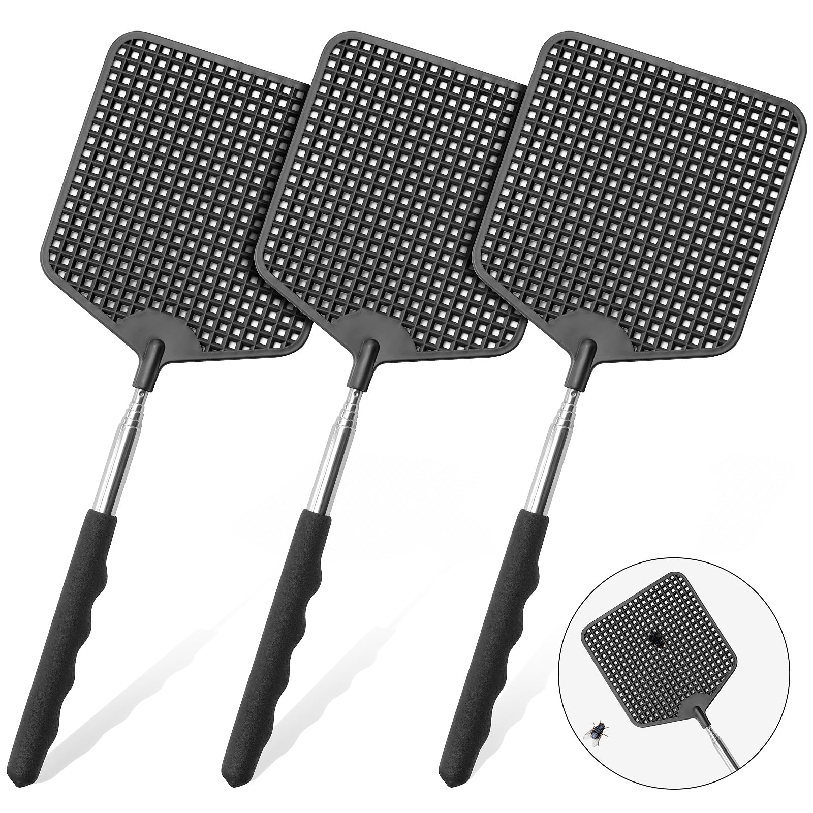 Photo 1 of HDAJY Telescopic Fly Swatter 3 Pack, Premium Plastic Fly Swatter, Flyswatters Heavy Duty, Stainless Steel Handle?Black?