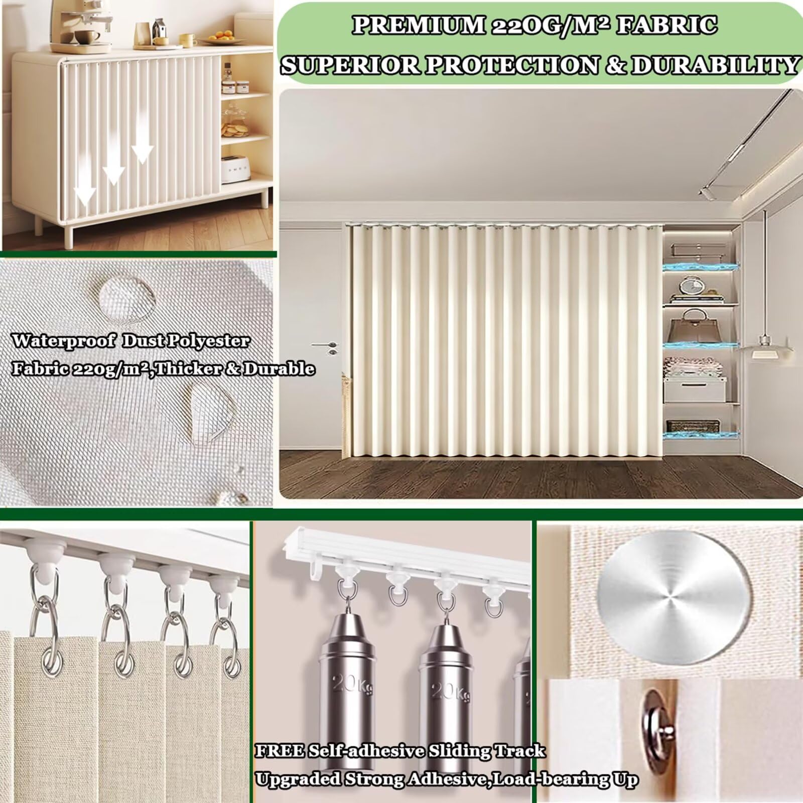 Rideau de placard pour buanderie avec fermeture magnétique W140xH70cm Beige