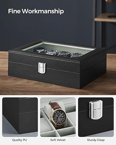 Miniatura 3 de SONGMICS Caja de reloj, caja de reloj de 10 ranuras con tapa de vidrio grande, almohadas extraíbles para reloj, organizador de caja de reloj, regalo