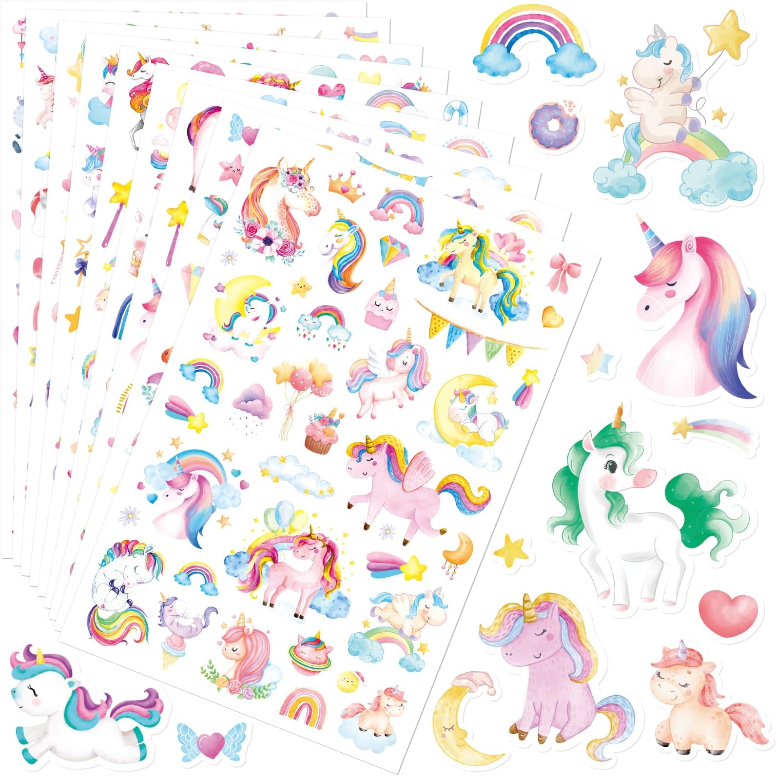 Magical Unicorn Stickers 375 Pieces Plastic Decals for Rewards Birthday Gifts Party Favors Water Bottles Laptops Scrapbook Stickers Watercolor Pink Unicorn Rainbow 9 Sheets