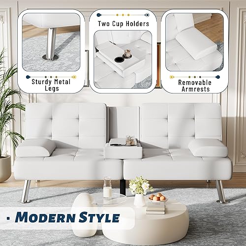 Miniatura 34 de Furmax Sofá cama futón ajustable, sofá cama para sala de estar, oficina de negocios, sofás reclinables con portavasos (piel sintética, negro) Negro