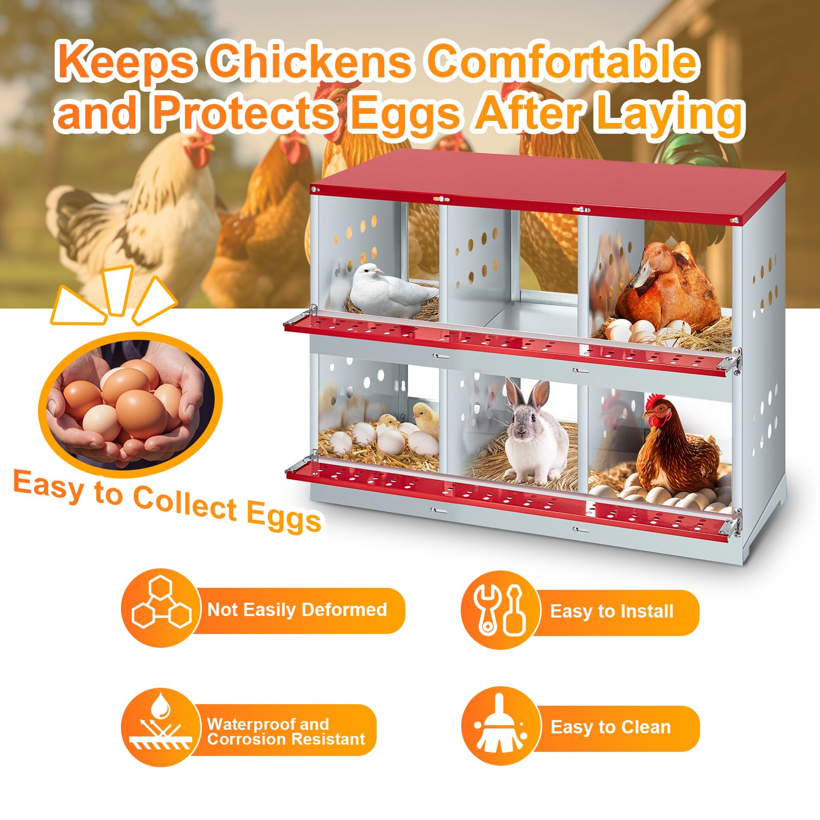 Gallinero De 6 Compartimentos, Acero Galvanizado Resistente e Inoxidable, con Orificios De Ventilación y Plataforma De Descanso, para Montaje En Pared o Suelo, Resistente a Picoteos y a La Corrosión