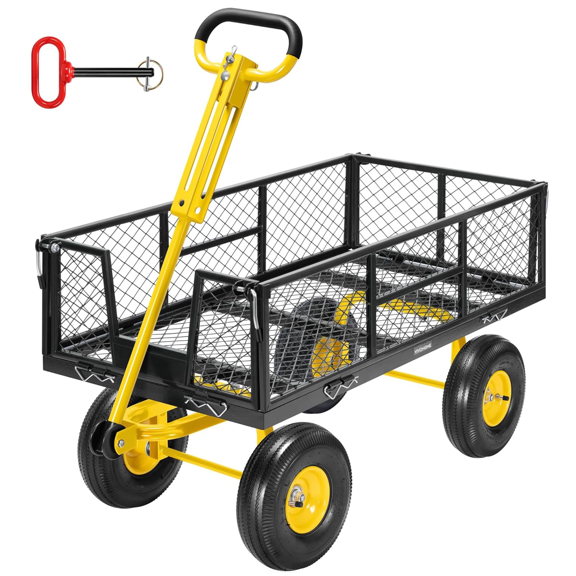 VIVOHOME Carro de Jardín Carga hasta 410kg con Convertible Manija Giratoria de 180° y Ruedas 25,4cm, Carrito de Jardín con Laterales Desmontables para Transporte Exterior Jardinería Negro