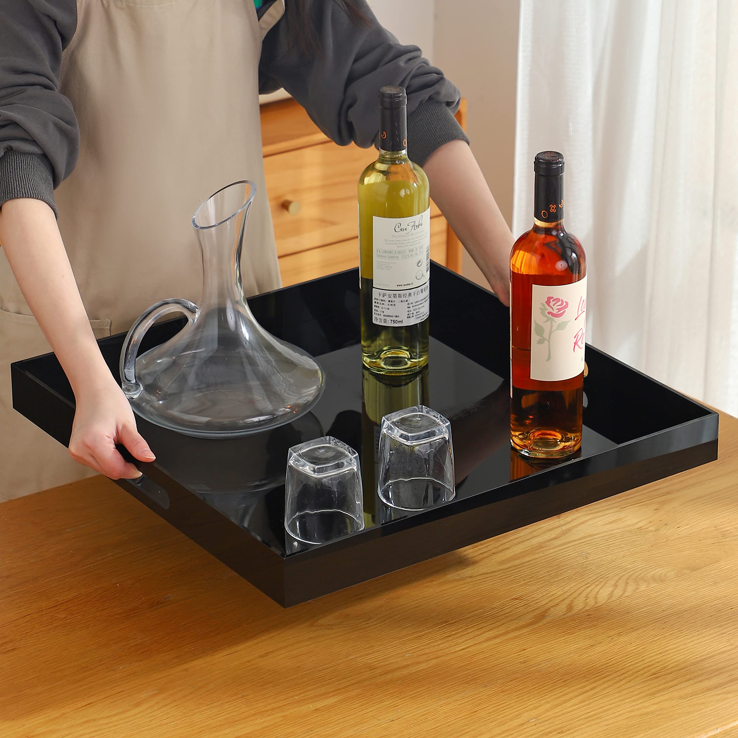 Bandeja de acrílico de gran tamaño con asas, 20 x 20 pulgadas, a prueba de derrames, bandejas decorativas para otomana, mesita de noche, auxiliar, mayordomo (20 x 20 pulgadas, negro)