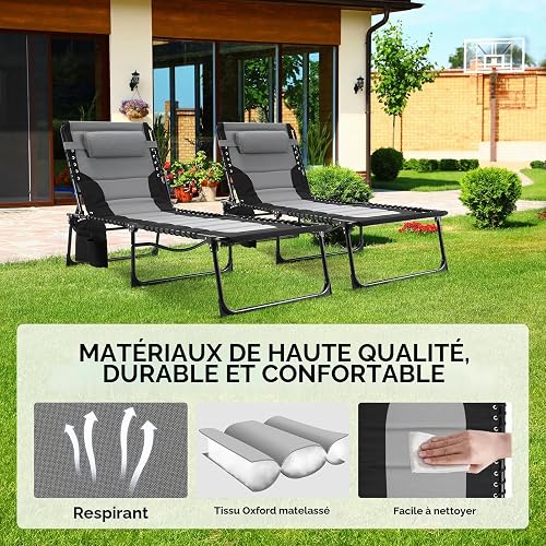 LIFERUN Transats Jardin Extérieur XXL Pliables, 199×66×35 cm – Chaise Longue Jardin Extérieur avec Dossier Réglable 5 Positions, Bain de Soleil Extra Large Jusqu’à 150 kg, Fauteuil Relax - 5