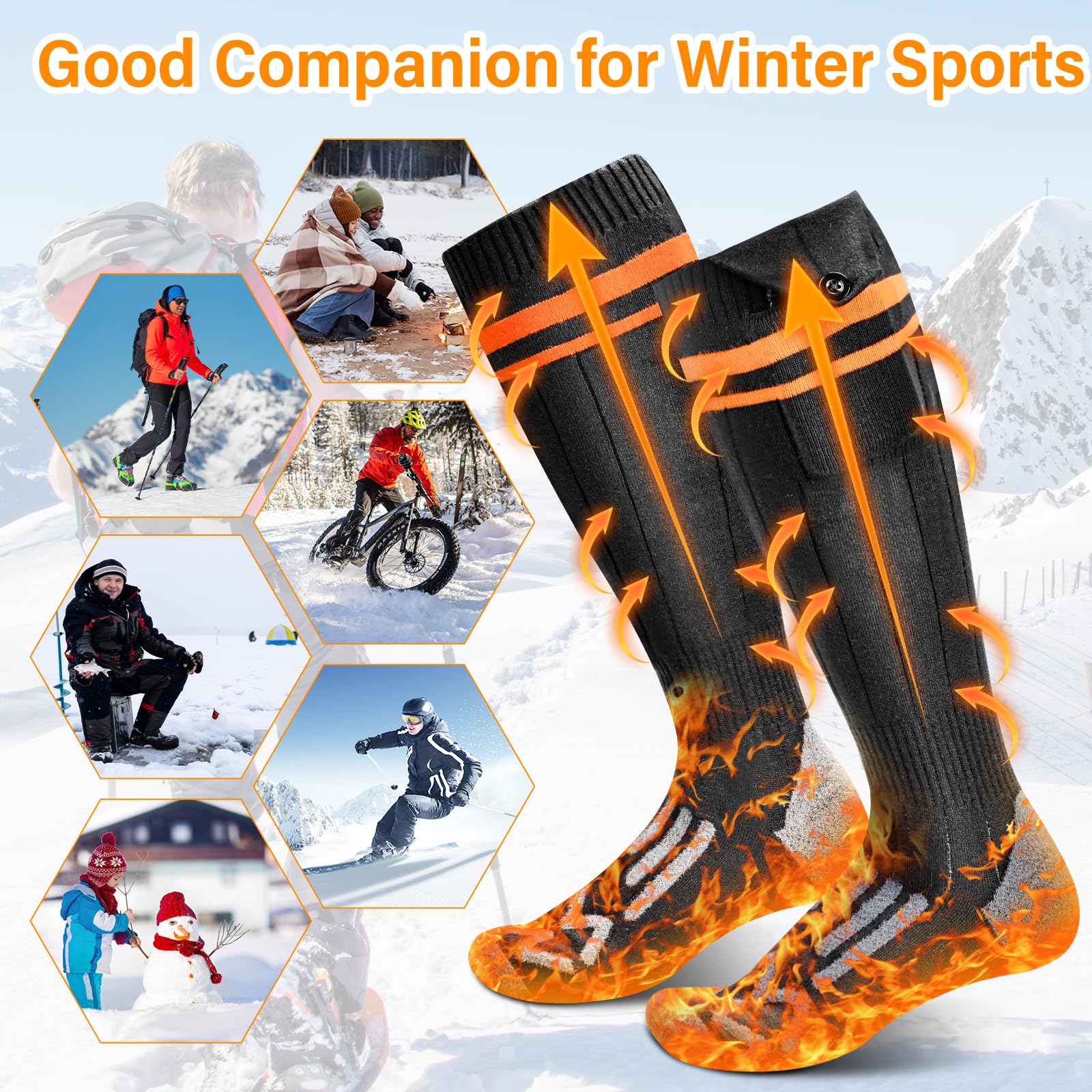 Beheizbare Socken, 4000mAh Wiederaufladbare Heizsocken mit 4 Temperaturen, Waschbare Wärmesocken für Skifahren/Angeln/Camping/Radfahren, Beheizte Socken Unisex 36-43
