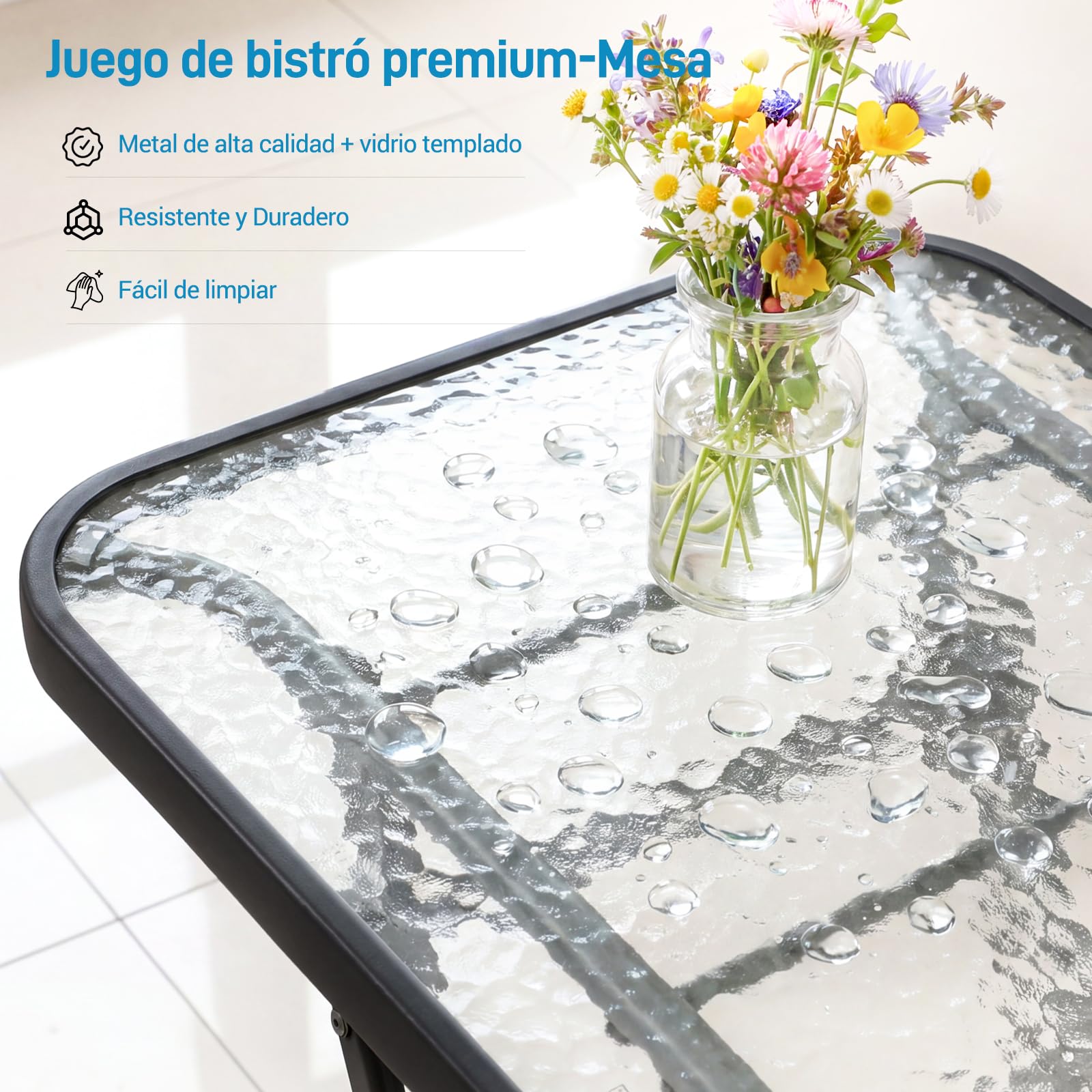 LIFERUN Juego de Muebles de Balcón Plegable, 3 Piezas, Resistente a la Intemperie, con Tablero de Cristal y Sillas de Textileno, 1 Mesa Plegable con 2 Sillas Plegables, Negro