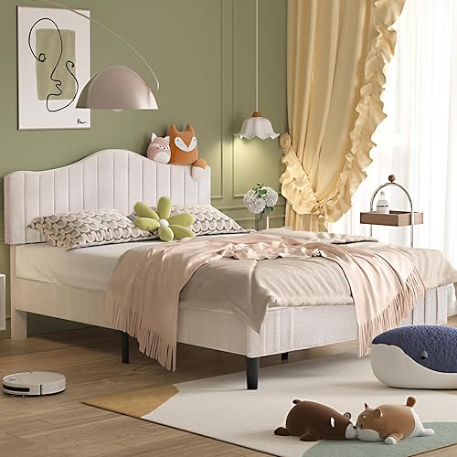 Miniatura 3 de VECELO Base de cama tapizada tamaño Queen con cabecera ajustable, tela de oveja lujosa, listones de madera fuertes, espacio libre de ruido, 7.9