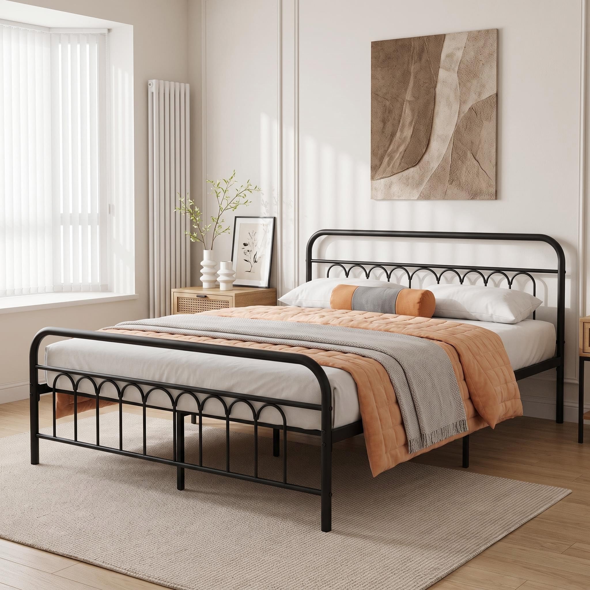 Panana Small Double Size Bed Frames Metal Platform with Vintage Headboard and Footboard, Mattress Foundation/No Box Spring Needed (Black, 4FT) — image 1