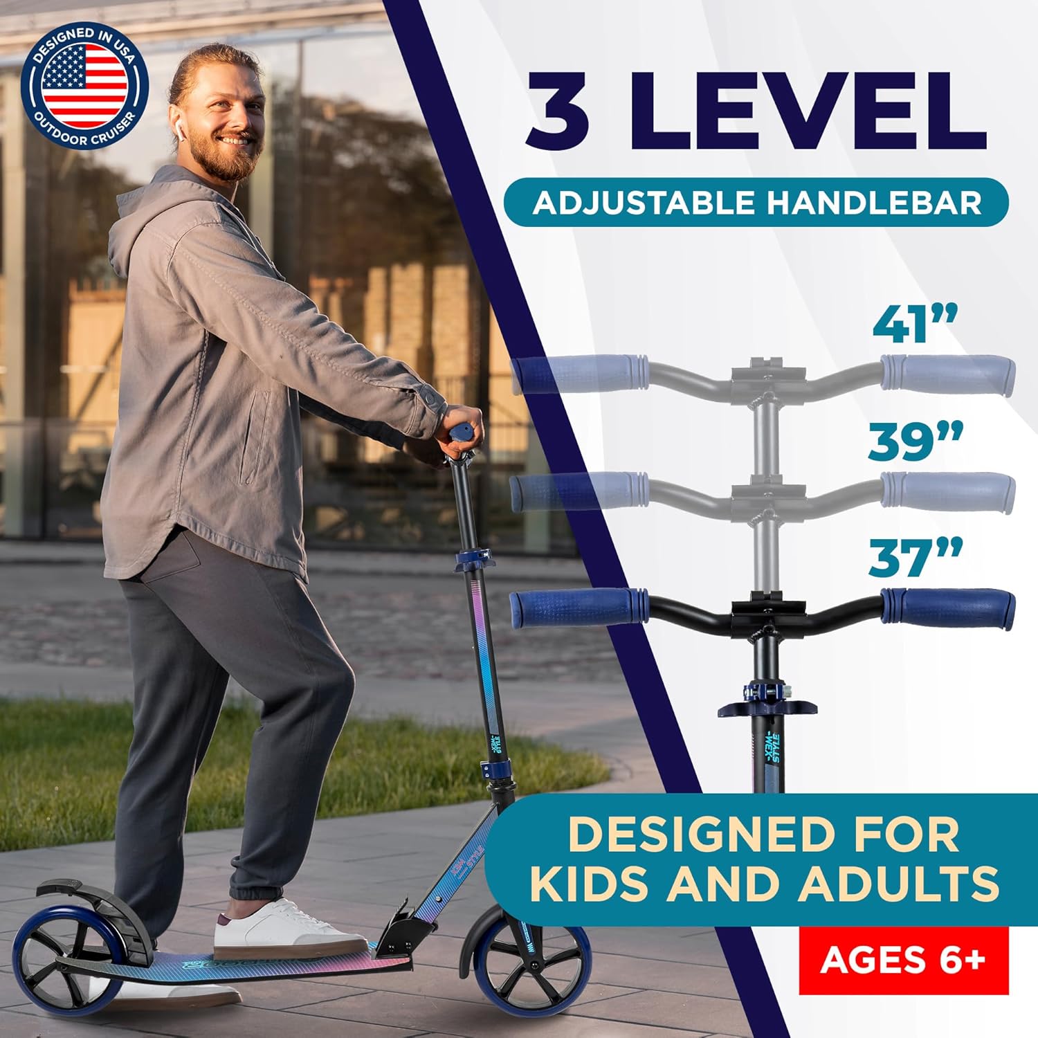 Outdoor Cruiser Kick Scooter for Ages 6+, for Kids, Teens, and Adult, Max Load 250 LBS, Foldable, 8-inch Big Wheels, Dual Suspension, 3 Adjustable Levels, Child Safety Approved, Blue, Purple, & Pink