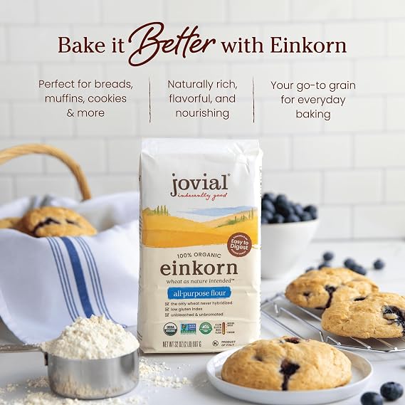 Jovial Organic Einkorn Unbleached All Purpose Flour - Bread Baking Flour for Sourdough, High Protein, Non-GMO, Organic Pizza & Pasta, European Italian, Glyphosate Free - 32 Oz, 4 Pack