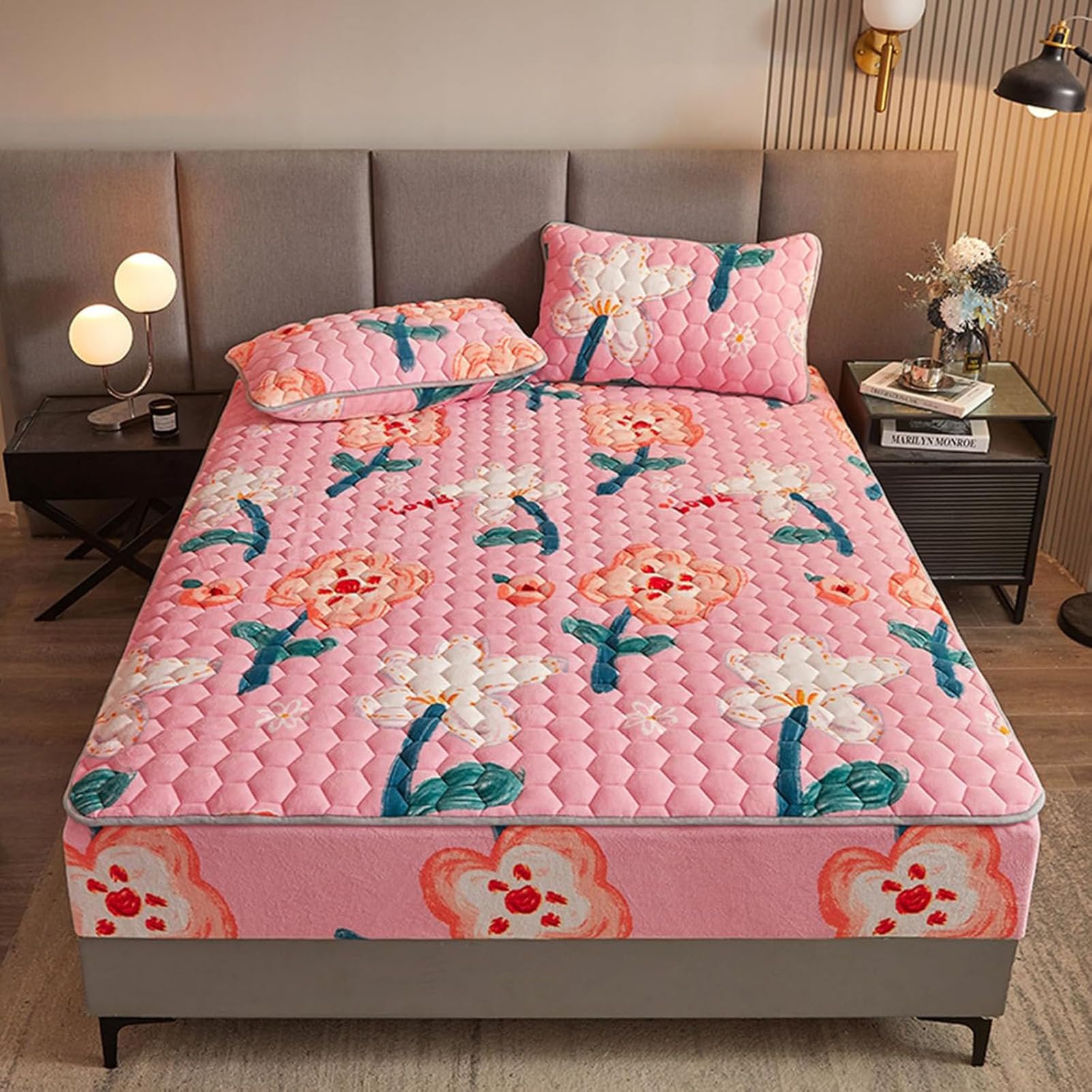 Milk Velvet Checkered Fitted Sheet Mattress Cover, Warm Thicken Mattress Protector Super Soft Bed Cover with Pillowcase Washable 15'' Deep Pocket Mattress Pad,J,Full: 120x200cm — image 1