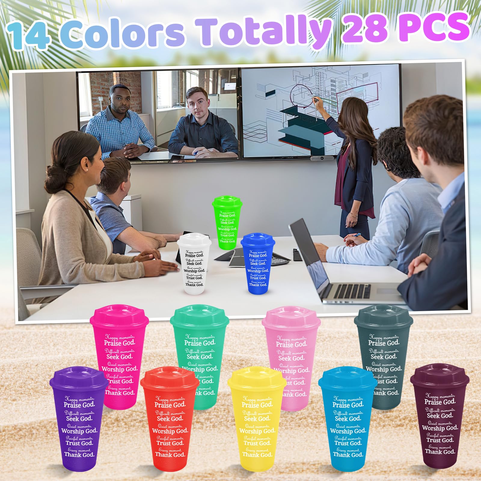 Malloom Lot de 28 tasses à café chrétiennes en plastique avec couvercles, 473,6 g, verset de la Bible, réutilisables – Cadeaux inspirants chrétiens pour femme, amie, collègue, anniversaire, Noël