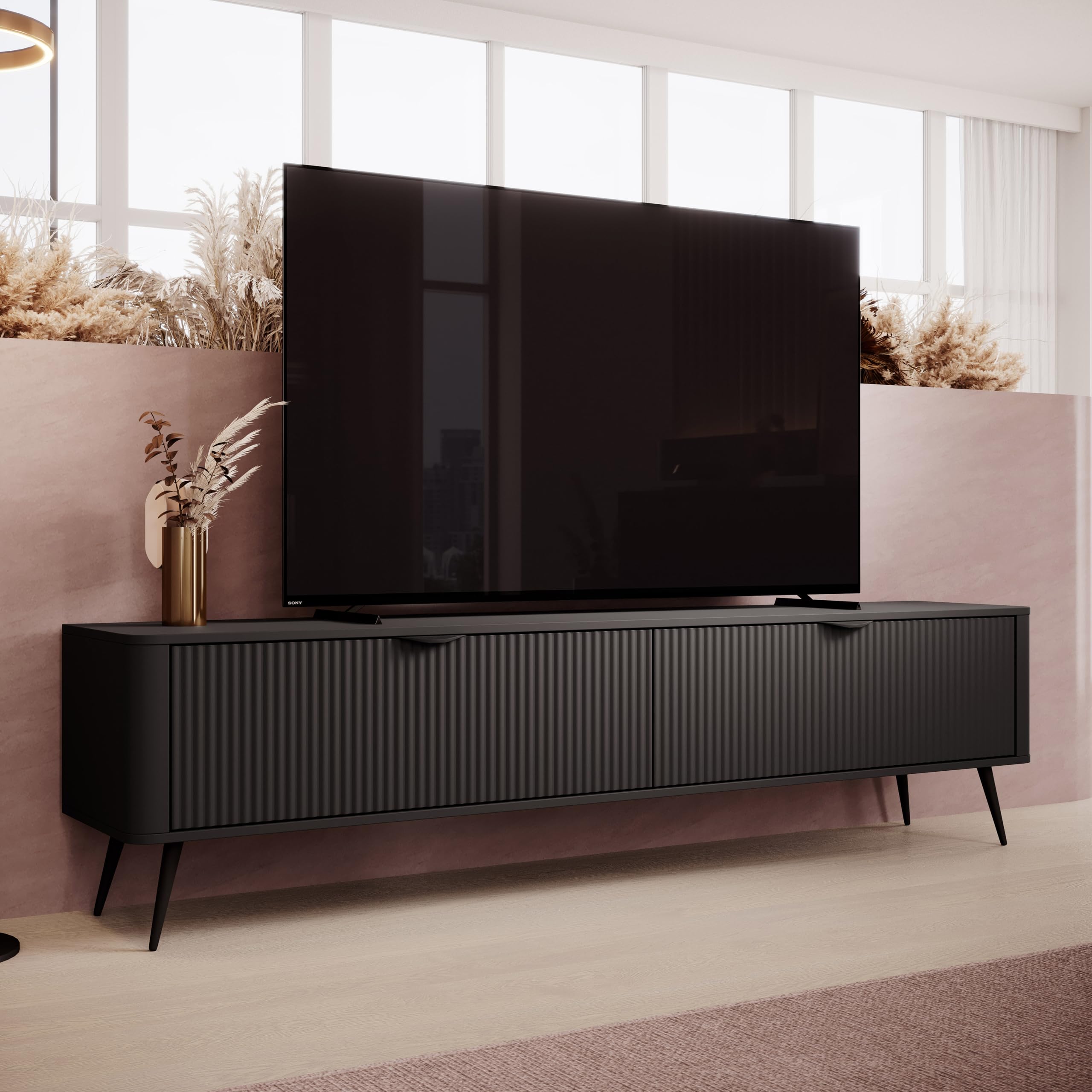 Moderner TV Lowboard Schwarz Matt Vespasia 200 2D – 200 cm Breite für Wohnzimmer