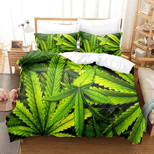 Green Plant Duvet Cover Set Queen Size Double Microfiber Tropical Plant Duvet Cover 3-Piece Leaf Printing Quilt Cover with Zipper Closure Soft Green