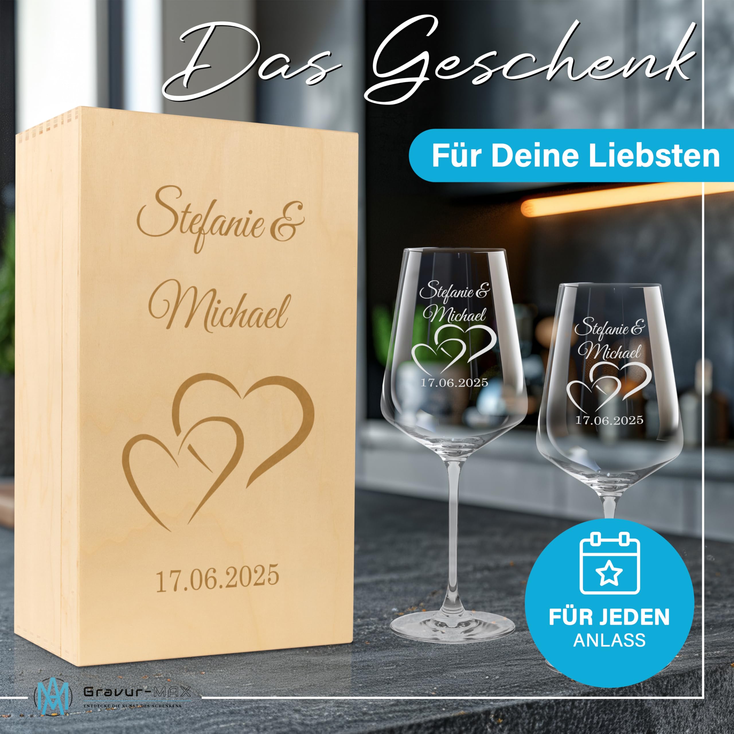 Weinglas 2er Set 560 ml „Nur die Liebe zählt“ - Herz-Glas – Leonardo Puccini Glas mit Lasergravur – personalisierte Weingläser mit Namen & Datum in Holzbox – Geschenk für Paare