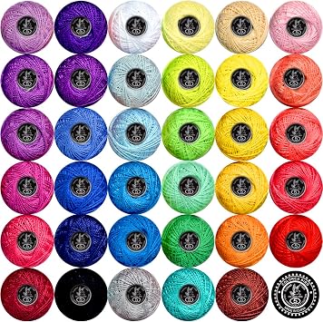 Crochet Thread Cotton Yarn Threads Balls 35 Balls Popular Rainbow Colors of Size 5 Crochet Thread 100% Long Staple Cotton Mercerized Cotton