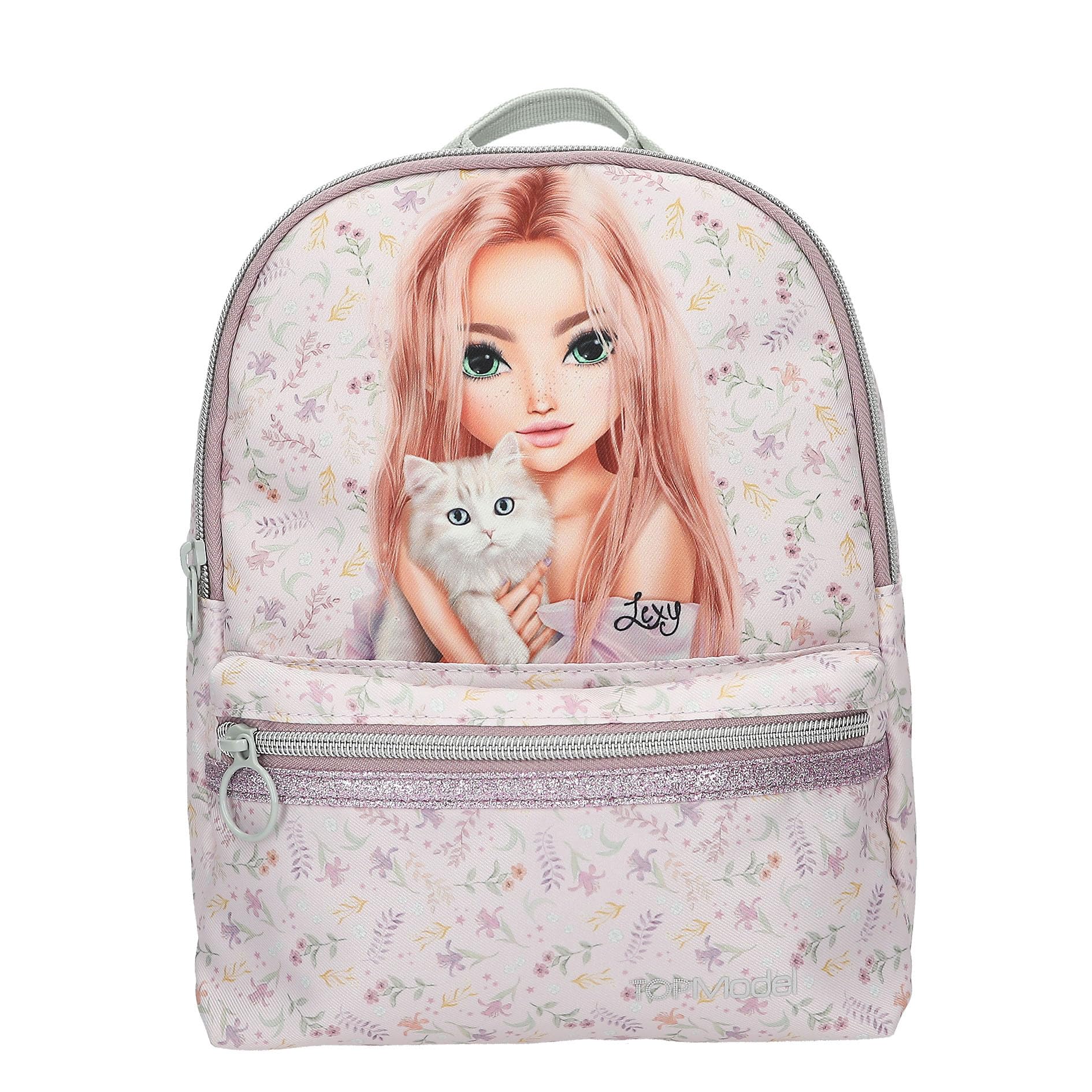 Depesche 13962 TOPModel Blooming Kitty: mochila en color lila, con motivo de gato modelo y estampado floral, bolsa con correas ajustables.