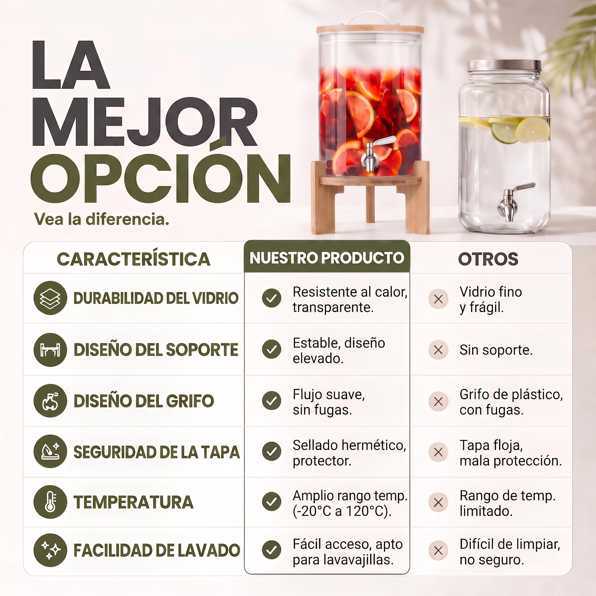 DIMONO® Dispensador de Bebidas de Vidrio con Grifo, 8 L | Vidrio borosilicato resistente al calor - grifo antigoteo de acero inoxidable - soporte y tapa de bambú