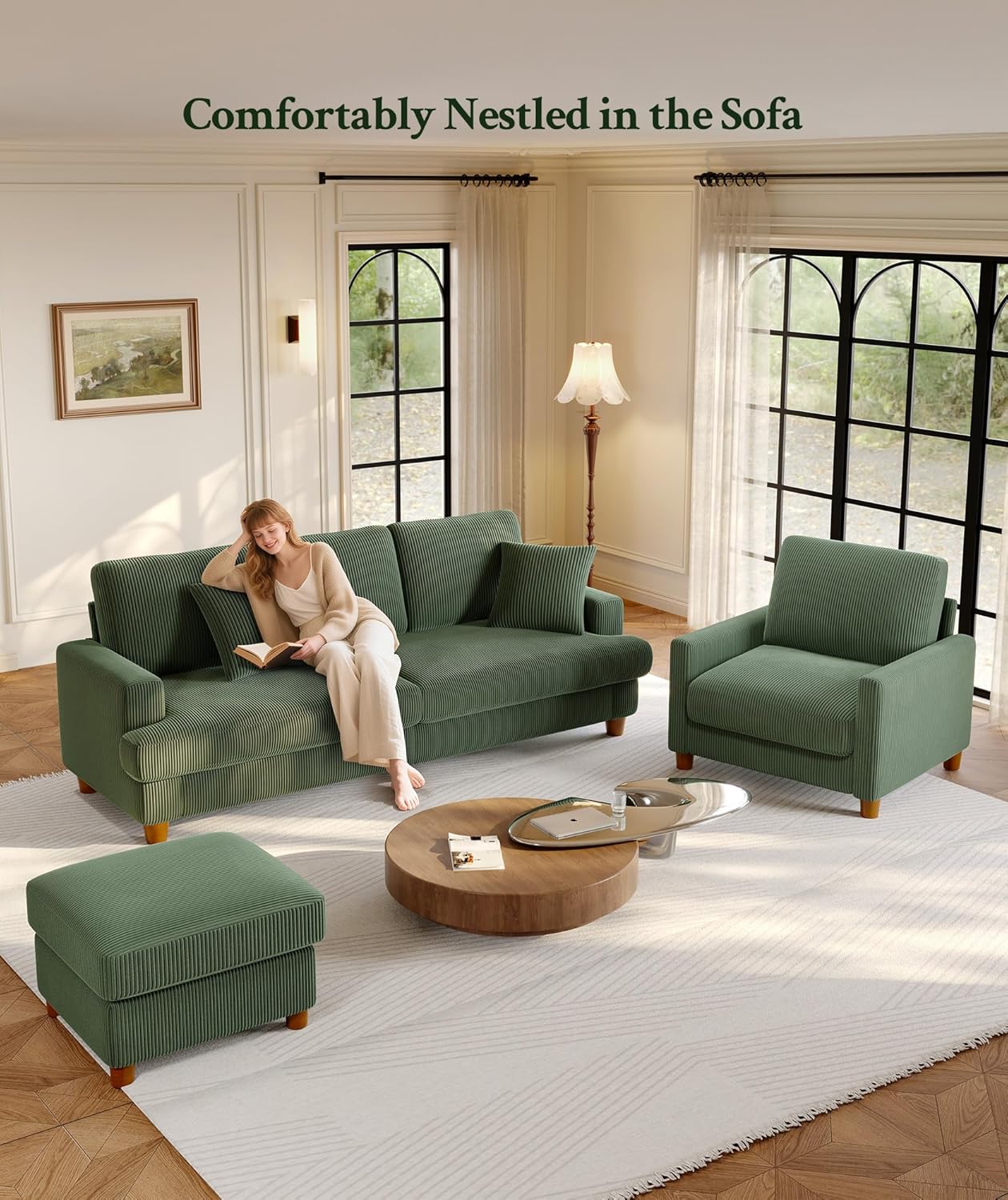 Welzona 87.2" Couches for living Room, Comfy Sectional Couch Green 7.5" Thicker Cushion, Sofas for Living Room Tool-Free Setup, Accent Chair with Ottoman 848lbs Support, Corduroy Couch for Home Office