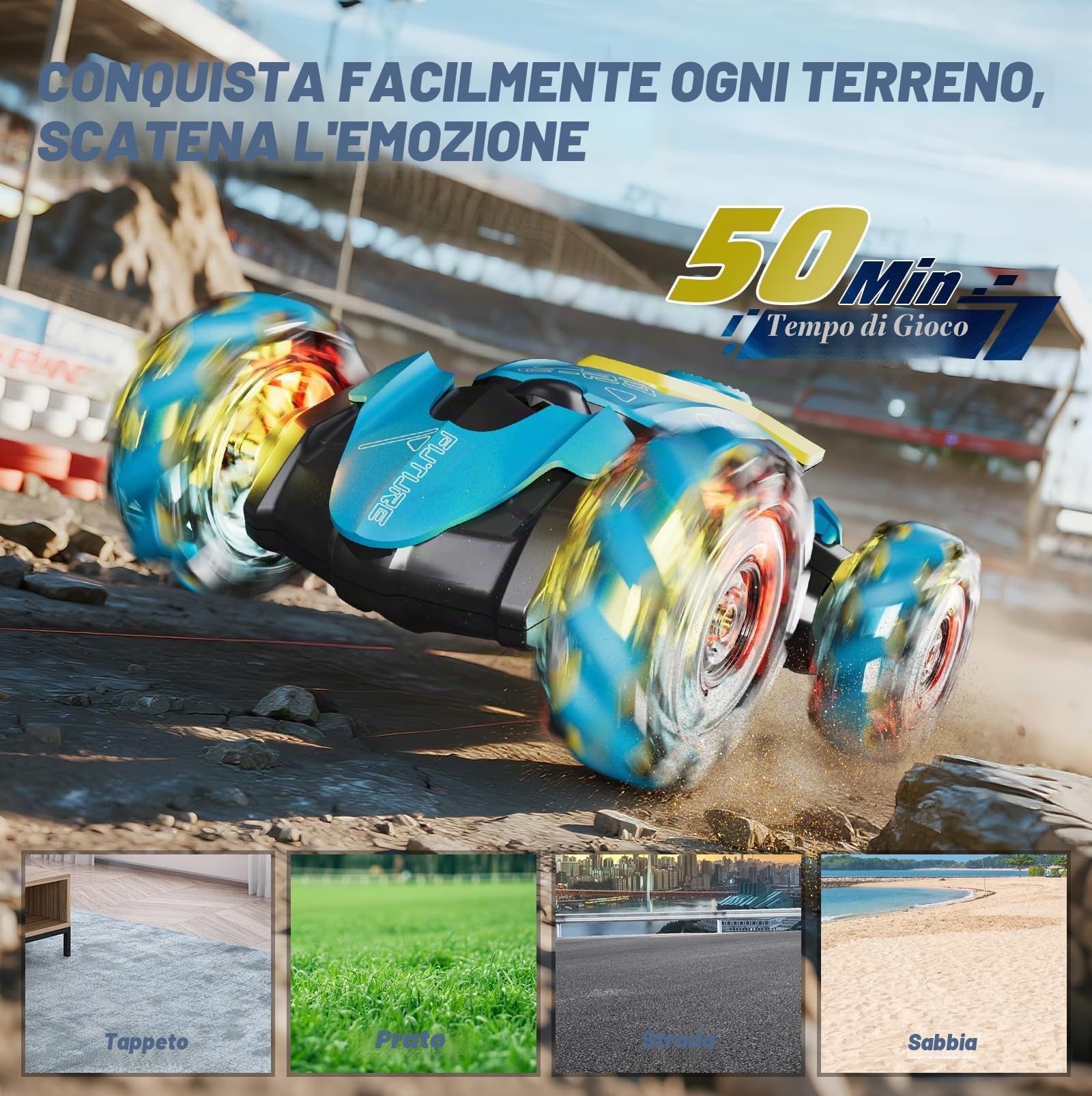 4DRC RC Macchina Acrobatica per Ragazzi 6-12, 2.4GHz 4WD con Sensore Gesti, Funzione Torsione, Luci, Spray, Musica, Rot. 360°, 2 Batt. Ricaricabili — Off-Road, Regalo Ragazzi & Ragazze