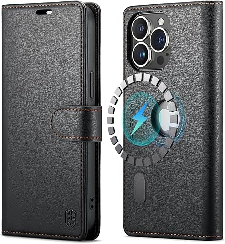 Funda magnética con logotipo para iPhone 14 Pro Max con bloqueo RFID, soporte para tarjetas de crédito, compatible con MagSafe piel sintética con