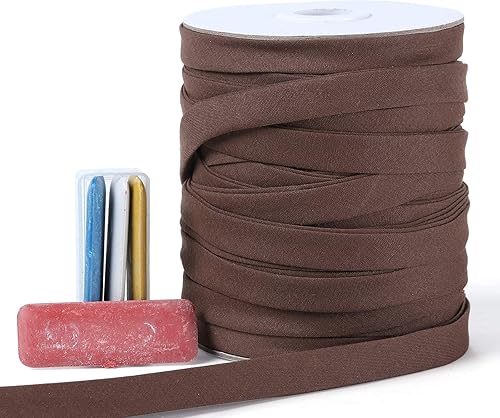 Cinta al bies de doble pliegue de 12 pulgada, cinta de encuadernación bies de doble pliegue de 55 yardas (marrón) y 4 tizas de tela de costura para