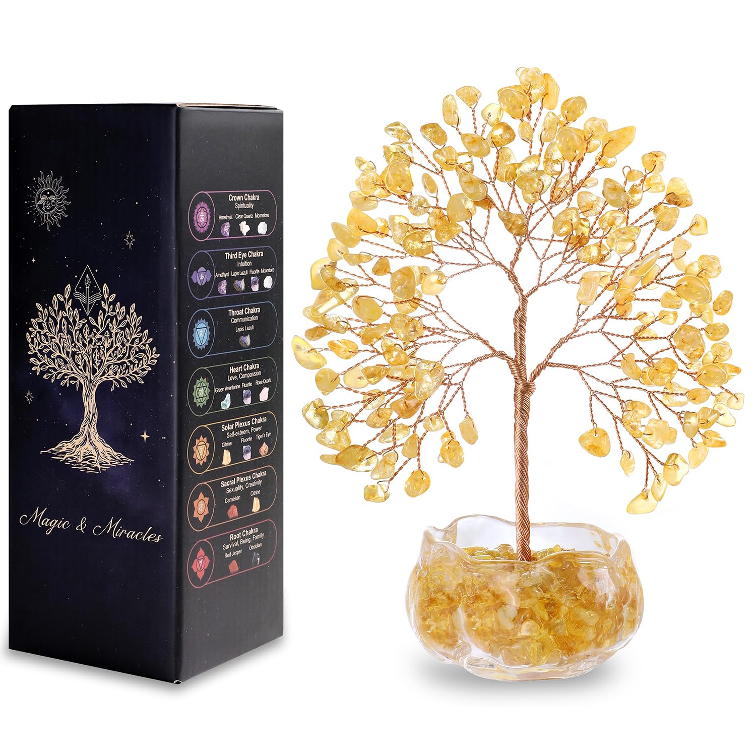 Citrine Arbre en Cristal Naturel Feng Shui Bonsaï Arbre de Vie Pierres de Guérison Reiki Chakra Décoration Maison Bureau Porte Bonheur Cadeau Spirituel Base Verre 17 cm