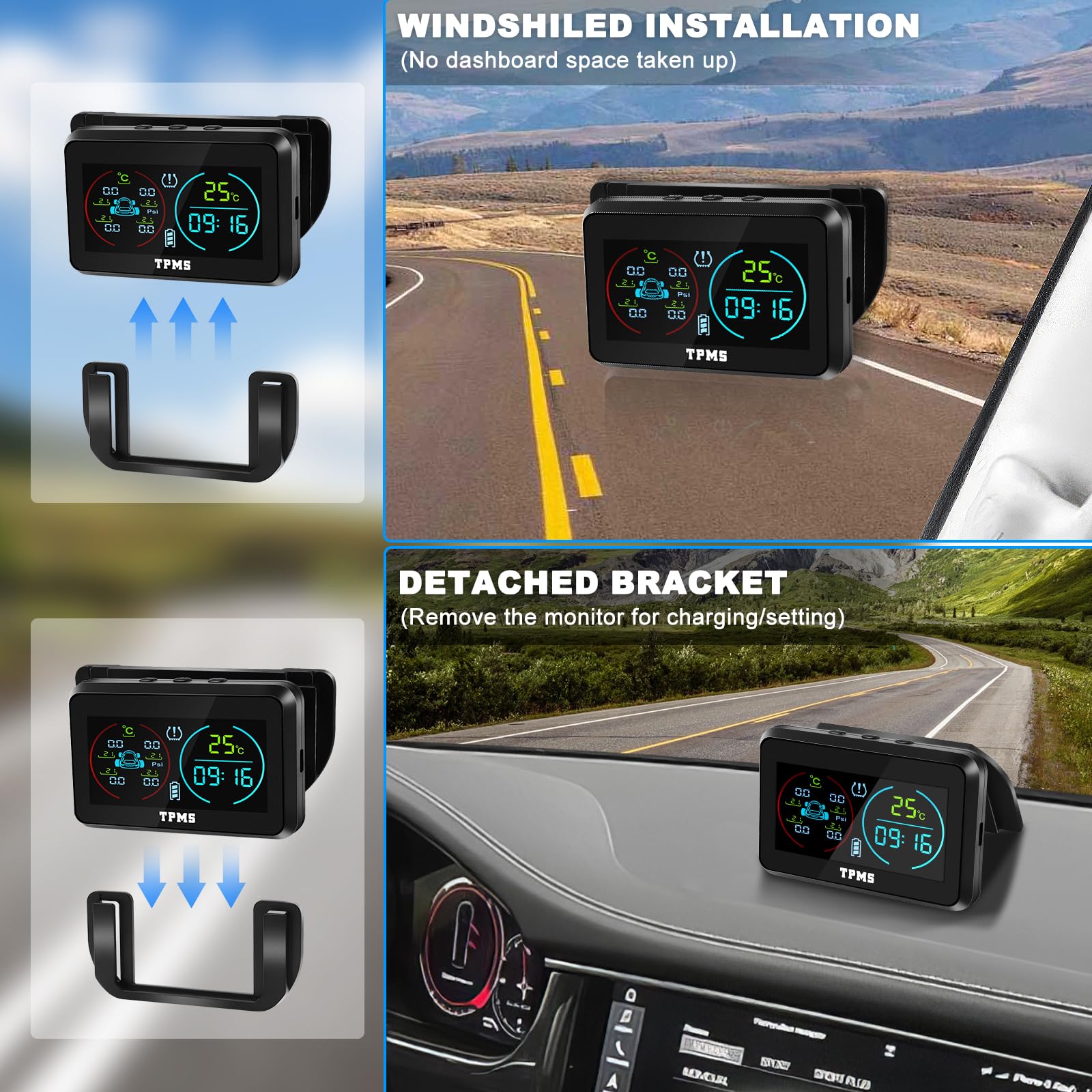 TPMS(0-6.5Bar) Sistema Monitoreo De PresióN De NeumáTicos Carga Solar USB, 4 Sensor Presion Neumaticos 5 Modos De Alarma Monitorización（Temperatura y presión etc.）para Coche SUV Furgoneta