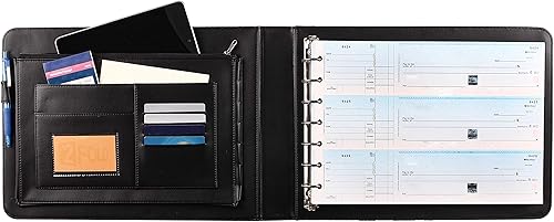 Miniatura 6 de 2Fold Carpeta de cheques de negocios con 7 anillos para cheques de tamaño de empresa de 3 en adelante con funda de tarjeta de visita adicional,