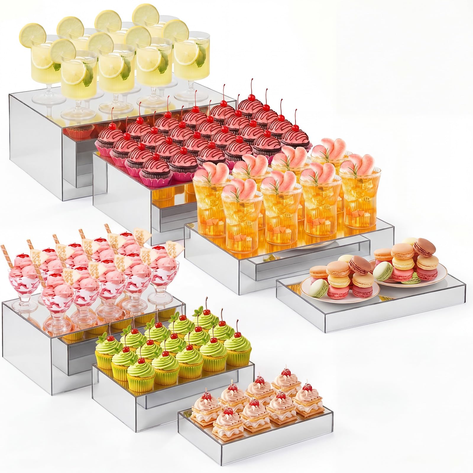 Leinuosen 7 Pcs Large Acrylic Buffet Risers, 6-12" Rectangle, Silver