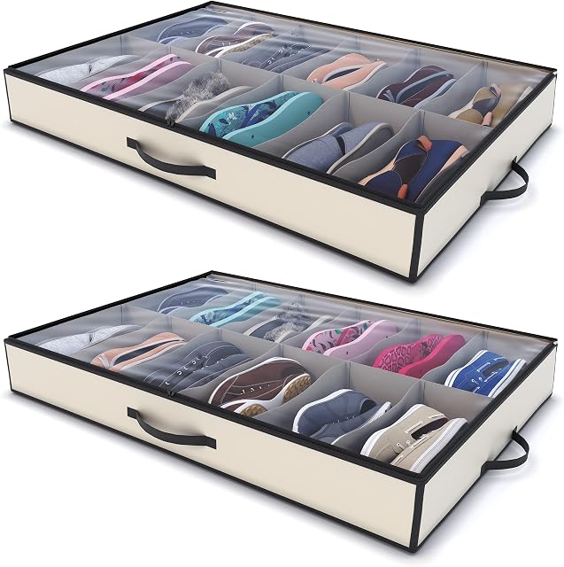 Woffit Under The Bed Shoe Organiser Fits 24 Pairs - Set of 2x12 Under Bed Storage Solution for any shoe size