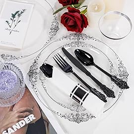 Hioasis 350pcs Clear Black Plastic Plates - Elegant Disposable Dinnerware Set Suitable for 50 Guests Include 10.25 Dinner & 7.5 Dessert Plates, Pre Rolled Silverware Set, Cups for Party & Wedding