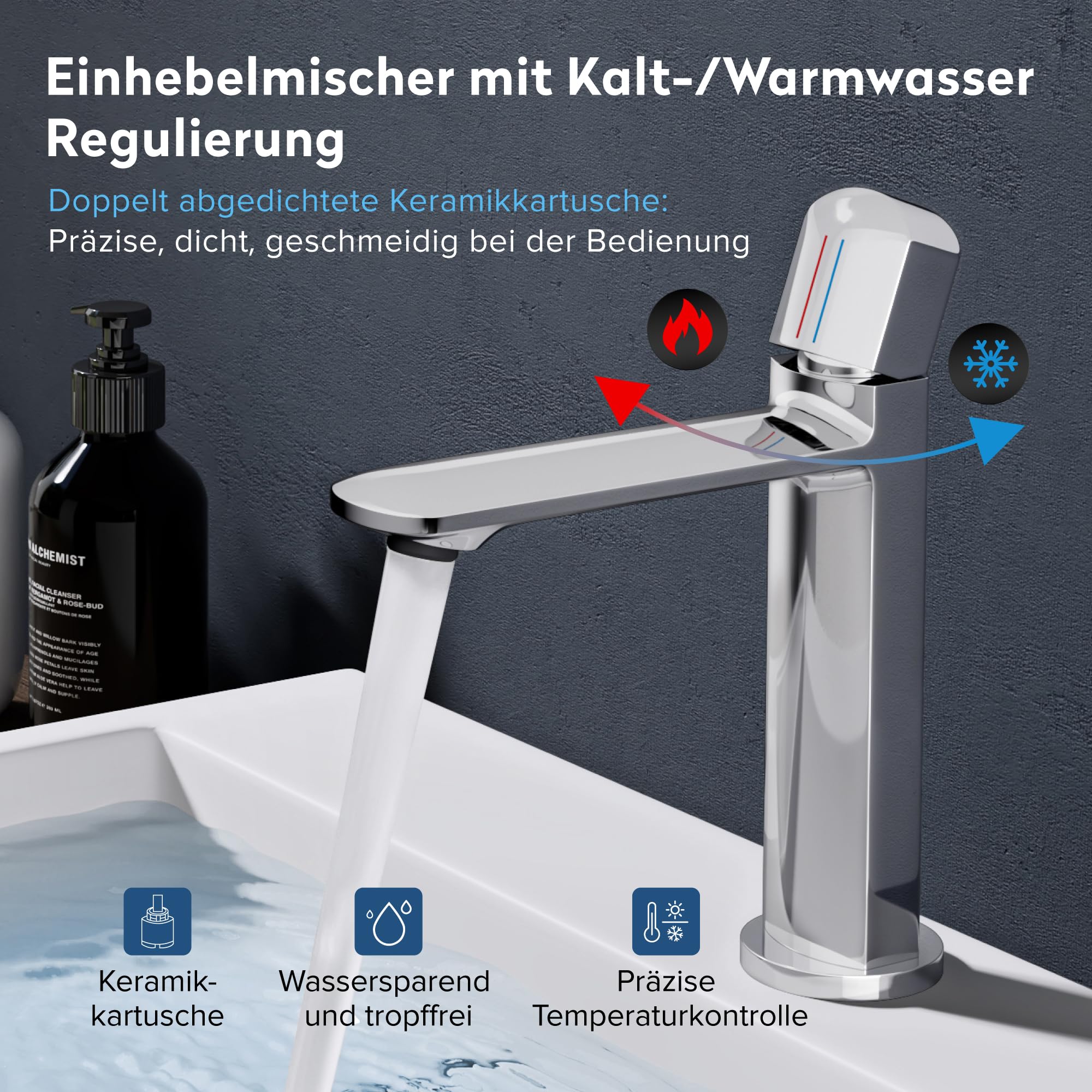 doporro Grifo para Lavabo H59 Cuerpo de Cobre, Válvula Cerámica, Aireador Desmontable, Flujo Suave Antisalpicaduras, Acabado Cromado Duradero y Elegant, WAO-1190