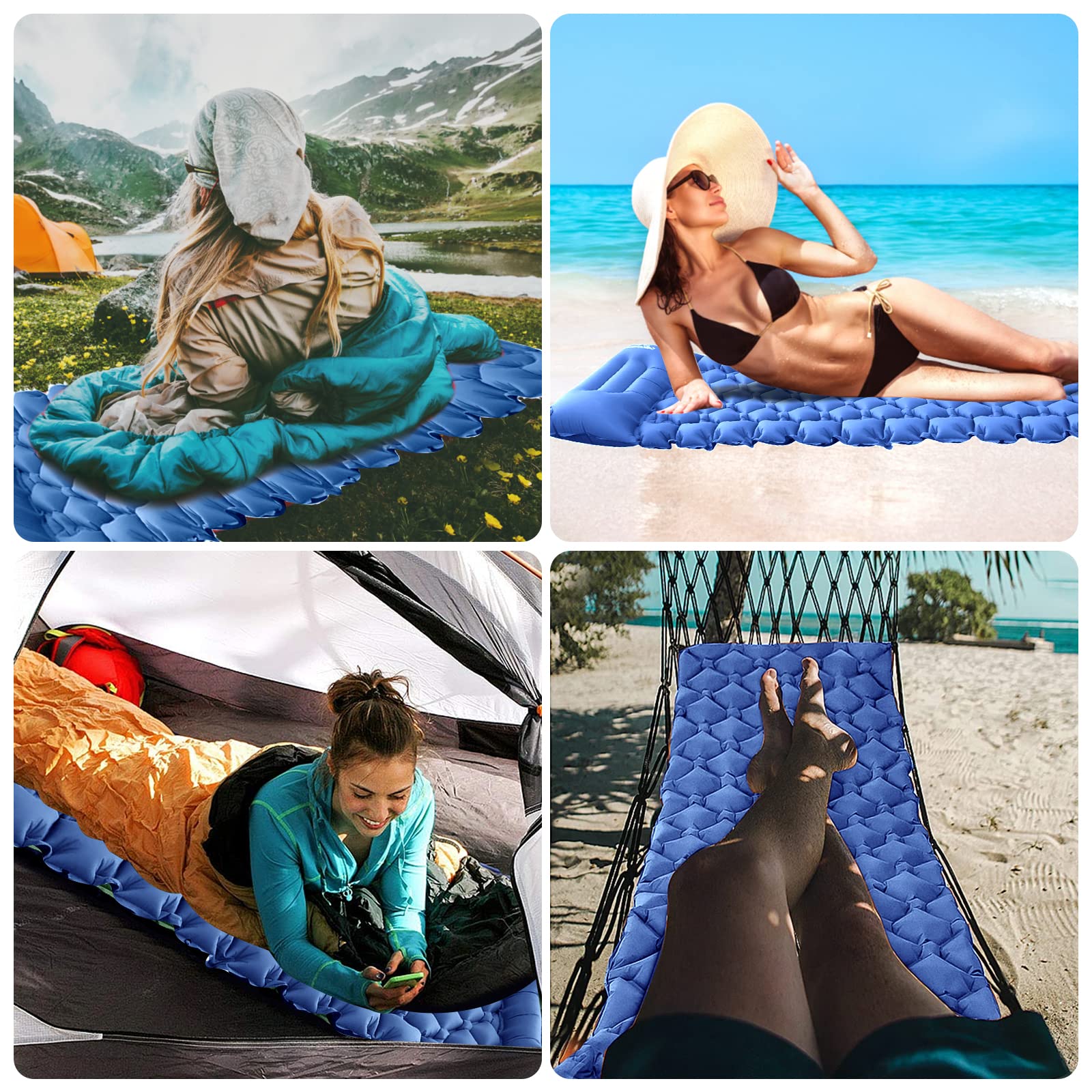 Matelas Gonflable 1 Place, Matelas de Camping, Tapis de Couchage Ultraléger avec Pompe à Pied et Oreiller, Matelas Gonflable Résistant à l'eau pour Camping, Voyage, Plage, Tente, Sac de Couchage
