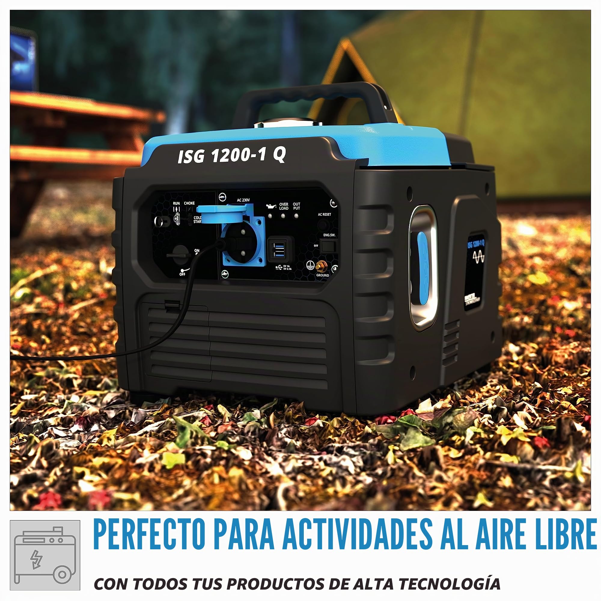 Güde Generador de corriente inverter ISG 1200-1 Q (motor de 4 tiempos, gasolina, 1,3/1,76 kW/CV, 1 x 230 V, 2 x USB, máx. 1200 W, autonomía hasta 6 h, depósito de 3 L, protección contra sobrecargas,