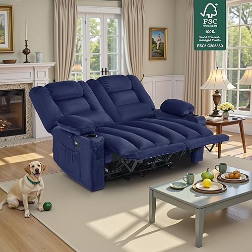 Miniatura 2 de MCombo Sofá reclinable eléctrico de 55.9 pulgadas con calor y vibración, sofá biplaza reclinable eléctrico de tela, puerto de carga USB, portavasos