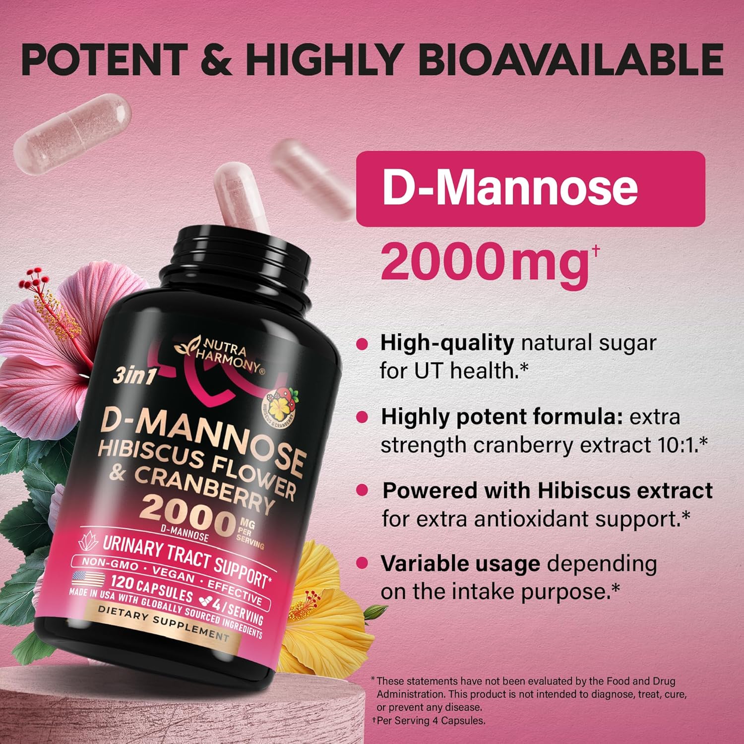 D-Mannose 2000mg with Cranberry & Hibiscus - Clinically Tested Strength for Urinary Tract Health - Supplement for Women - Bladder, Liver & Microflora Support - Made in USA - Vegan, 120 Capsules - Image 4