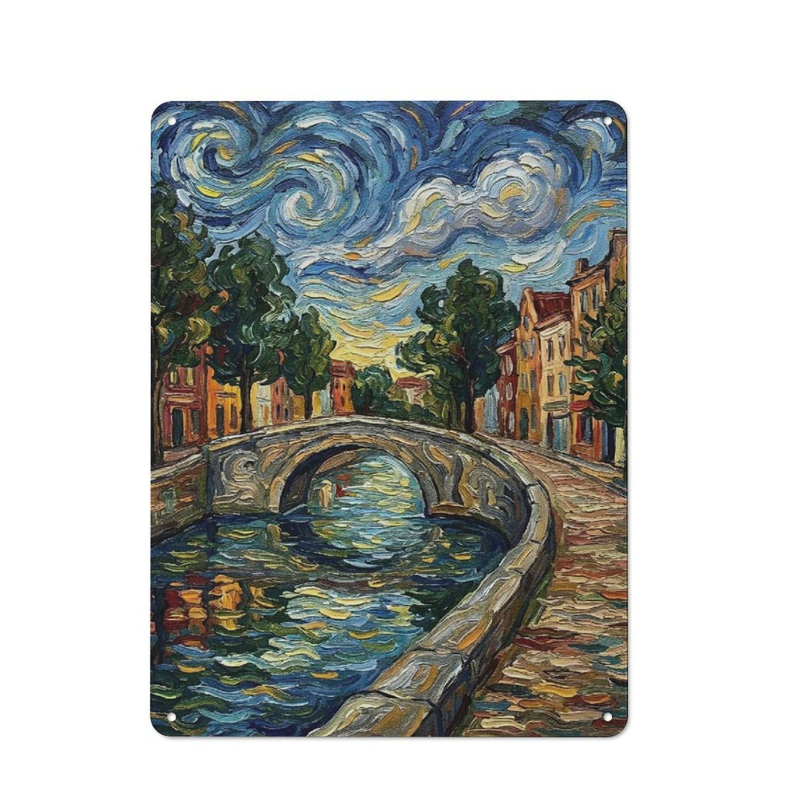Junmoney Style-10 Impressionist Canal Bridge At Sunset Vintage Metal Wall Sign 40X30cm For Kitchen Or Home Bar, For Garage, Workshop And Man Cave Decoration