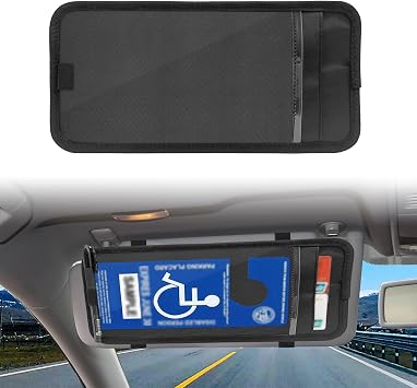 Handicap Placard Holder for Auto, Disabled Parking Permit Sign Protector for Car Visor Auto Card Clip with PVC Pen Holder, Elastic Strap, Note Paper Card Slot Black